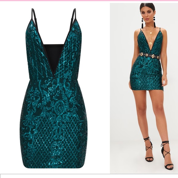 PrettyLittleThing Emerald Green/black Strappy Sequin Dress size 6 New w/tags - Picture 8 of 10